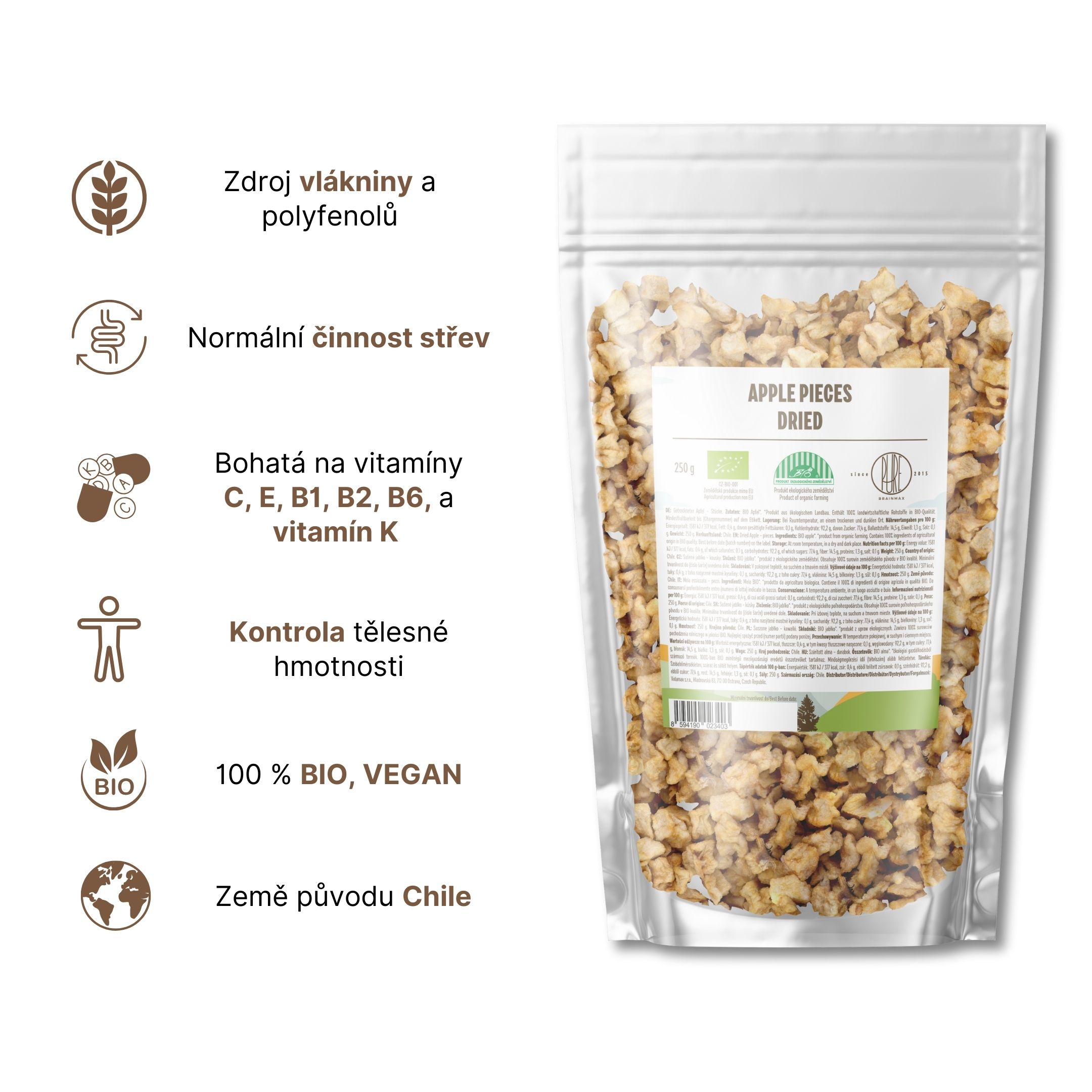2BrainMax Pure Jablka kousky sušené BIO, 250 g